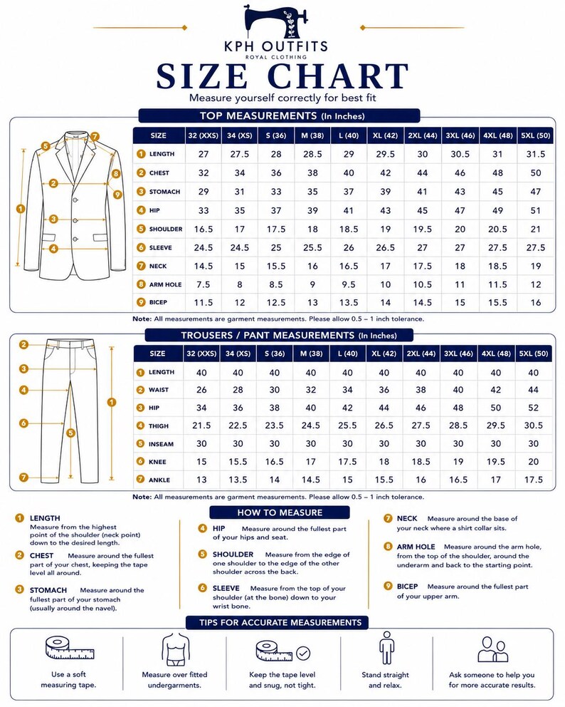 May include: Size chart for KPH Outfits royal clothing, with top and trouser measurements in inches. Includes diagrams and instructions for measuring length, chest, stomach, hip, shoulder, sleeve, neck, arm hole, bicep, and inseam.