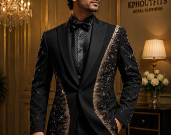Chaqueta de esmoquin negra, bordada con cristales, traje de lujo para novio, traje de recepción de diseñador, blazer hecho a medida.