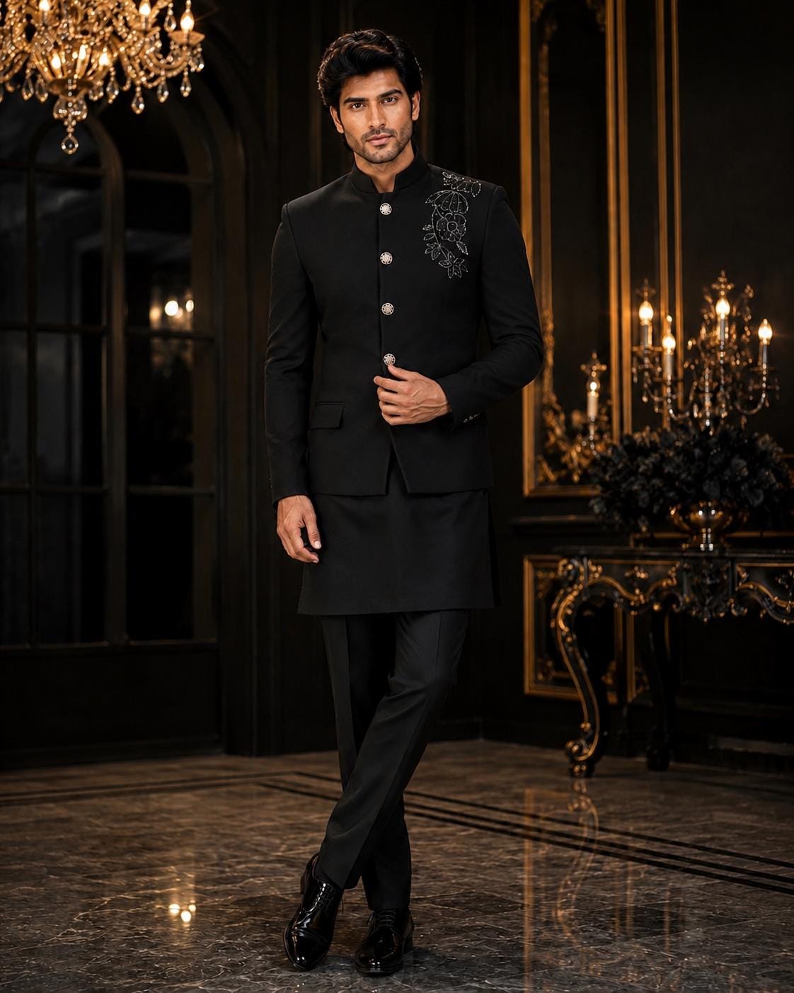 Buy Black Hand Embroidered Jodhpuri Suit, Luxury Groom Bandhgala