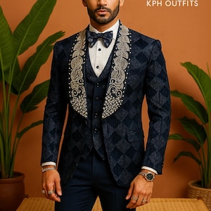 Navy Velvet Tuxedo Suit – Velvet Shawl Lapel Groom Wear | Kph Outfits”