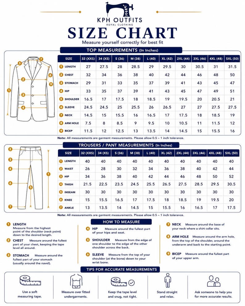 May include: Size chart for KPH Outfits royal clothing, with top and trouser measurements in inches. Includes diagrams and instructions for measuring length, chest, stomach, hip, shoulder, sleeve, neck, arm hole, bicep, and inseam.