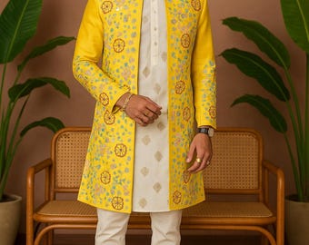 Yellow Raw Silk Handcrafted Indo-Western Set – Haldi Groom Wear | Kph Outfits