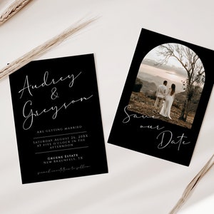 Moderne zwarte typografische Save Our Date-sjabloon, dubbelzijdig Save Our Date-sjabloon met afbeelding, Boho Save The Date Card, minimalistische sjabloon