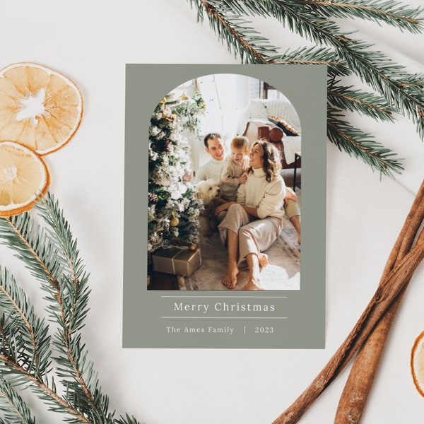 Sage Green Christmas Card Template With Photos, Light Green Arched Christmas Card Instant Download, Boho Holiday Card Template With Images