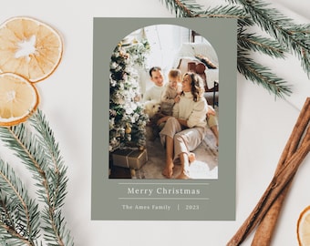 Sage Green Christmas Card Template With Photos, Light Green Arched Christmas Card Instant Download, Boho Holiday Card Template With Images