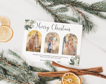 Arched Merry Christmas Card Template With Photos, Editable Christmas Card Template With Pictures, Double Sided Modern Holiday Card Template