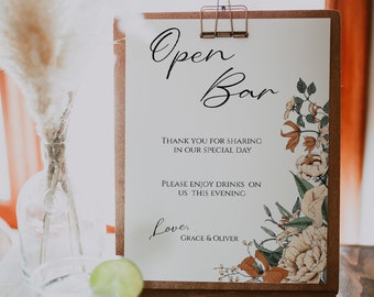 Floral Open Bar Sign Template, Cream and Burnt Orange Floral Open Bar Sign For Weddings, Wedding Open Bar Sign Template