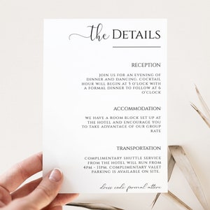 Cartão de detalhes de casamento com traje de vestido, cartão de detalhes minimalista para casamento, inserção de convite, modelo de cartão de detalhes de casamento moderno EWP001