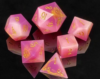 Soft pink and gold 6 piece handmade resin dice set for Dungeons and Dragons rulesets