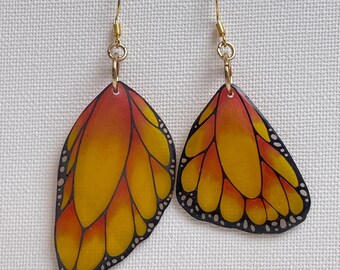 Hand illustrated Yellow Monarch wing earrings