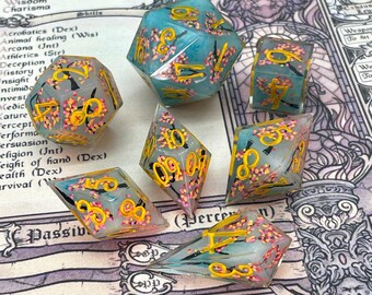 Handmade Sakura Resin Dice Set: Sharp Edge D&D Dice