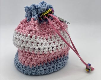 Large Blue, Pink and White "Trans Pride"  crochet dice bag with subtle glitter
