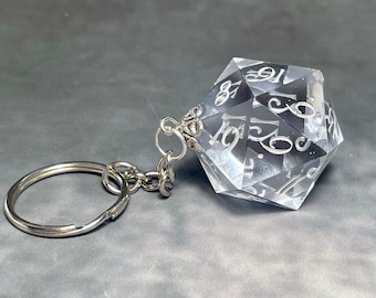 Crystal Clear Resin D20 Keyring: Silver Hardware, Gamer Gift