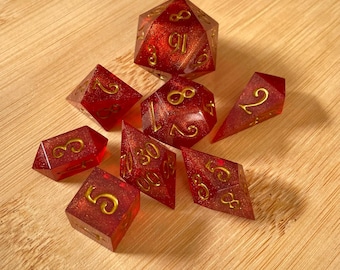 Dragon Scale Dice Set: Ruby Red and Gold Polyhedral Dice