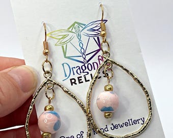 OOAK gold Frame earrings with pink ceramic bead