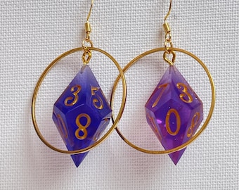 Purple & Gold D10 Dice Earrings: Handmade Resin Jewelry