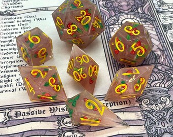 Strawberries 7 piece handmade polyhedral resin dice set