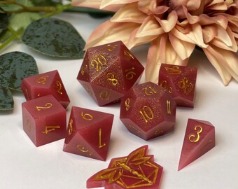 Handmade Rosy Red Resin Dice Set: Gold Mica, Sharp Edge D&D
