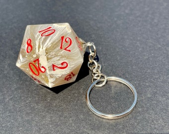 Marbled Resin D20 Keyring: Red Inked Gamer Dice
