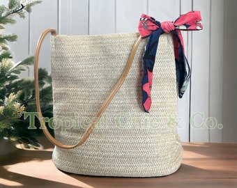 Women Straw Beach Bag Tote Shoulder Bag Summer Handbag with silk scarf