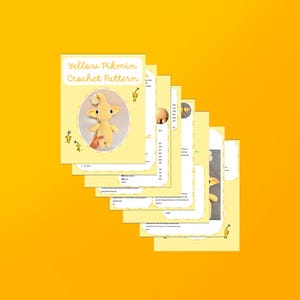 May include: A stack of yellow crochet pattern pages with the title "Yellow Pikmin Crochet Pattern." The cover features a crocheted Pikmin character. The background is a solid yellow.