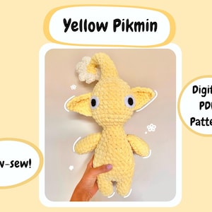 Può includere: Un peluche Pikmin giallo fatto a mano con grandi orecchie, occhi bianchi e un fiore sulla testa. Il testo "Yellow Pikmin" e "Digital PDF Pattern" sono visualizzati. È visibile anche la frase "Low-sew!"