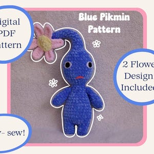 May include: A blue crocheted Pikmin figure with a pink and yellow flower, set against a light background. Text includes "Digital PDF Pattern", "Blue Pikmin Pattern", "Low-sew!", and "2 Flower Designs Included!"