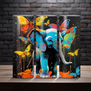 Diseño de armonía de elefantes y mariposas para vasos delgados de 20 oz - Arte digital de vida silvestre encantador, descarga PDF/PNG, decoración inspirada en la naturaleza