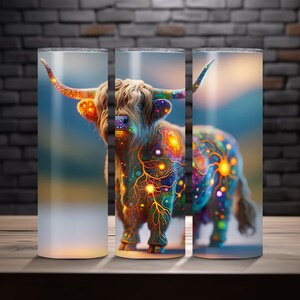 May include: A colorful, abstract design of a Highland cow with a blue, green, orange, yellow, and purple color scheme. The cow is standing on a blurred background.