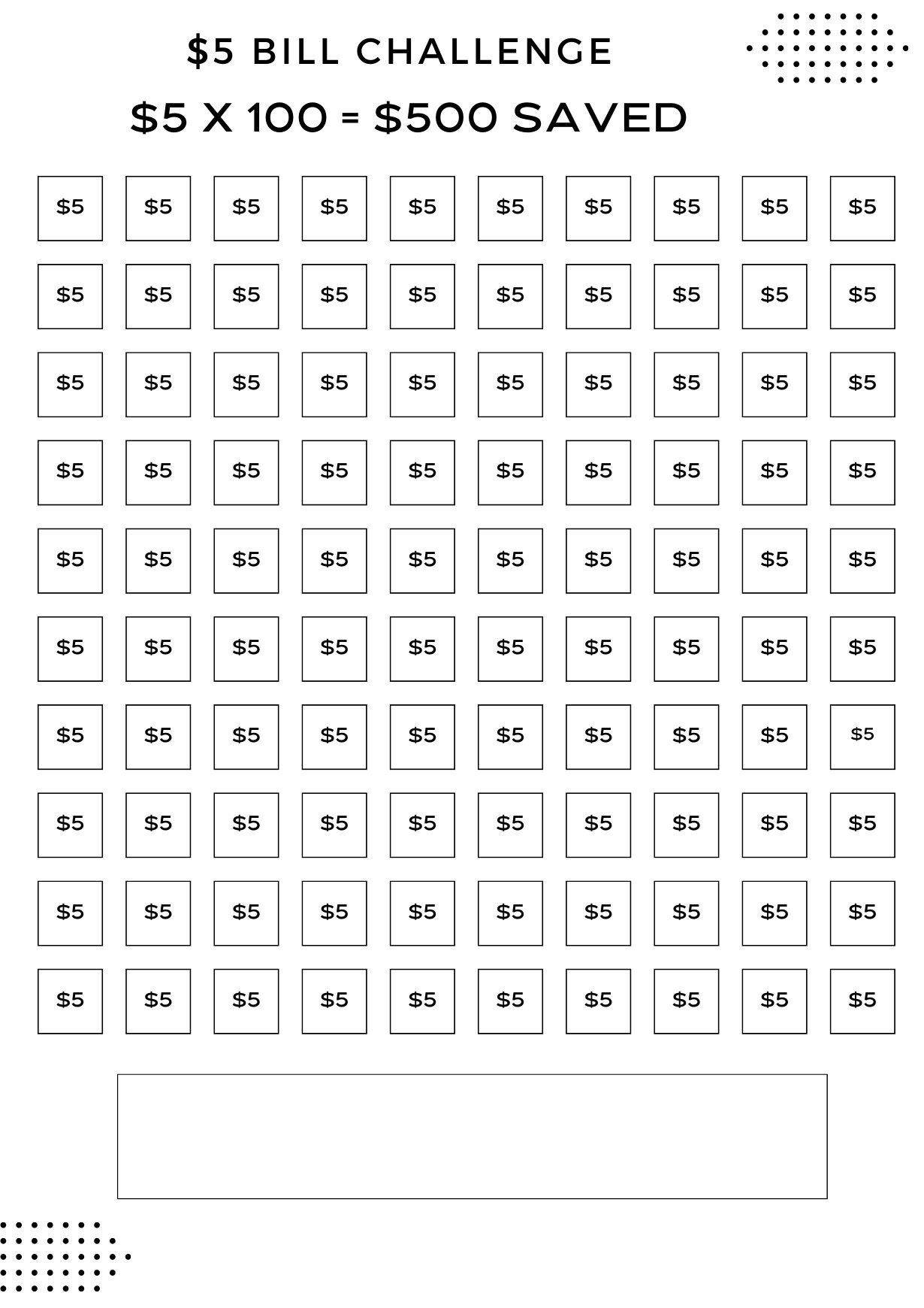 5 Dollar Bill Challenge Printable, Savings Challenge, Savings Tracker