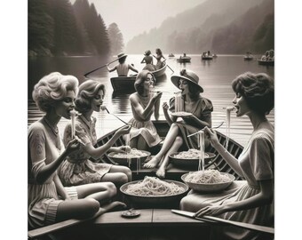 Women Eating Pasta on Lake Canvas, wall art, Black and White Art, Vintage Wall Art, Funny Art,Pasta Picnic on Lake,printlyed canvas,wallarte