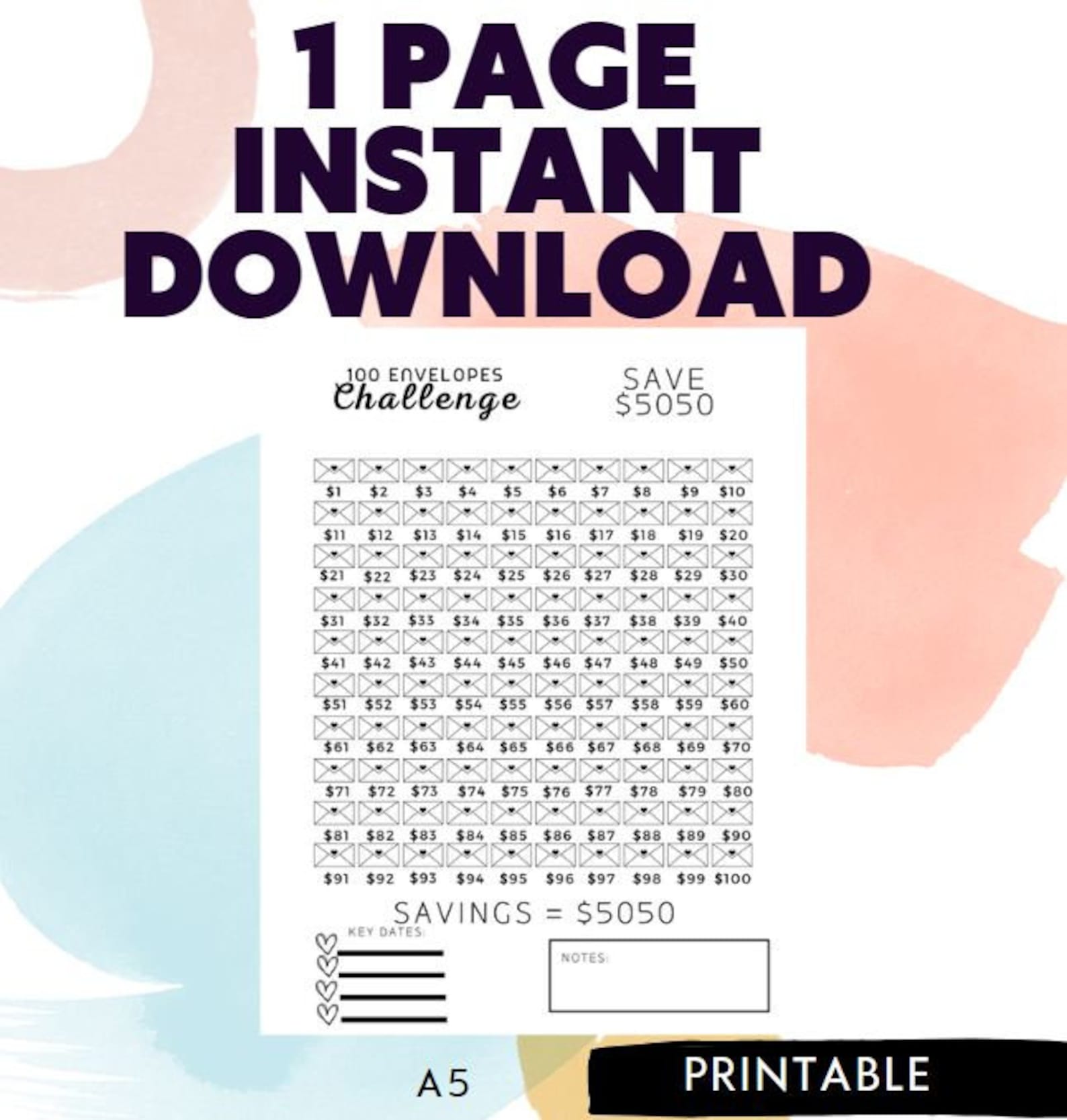 100 envelope challenge printable money savings challenge etsy