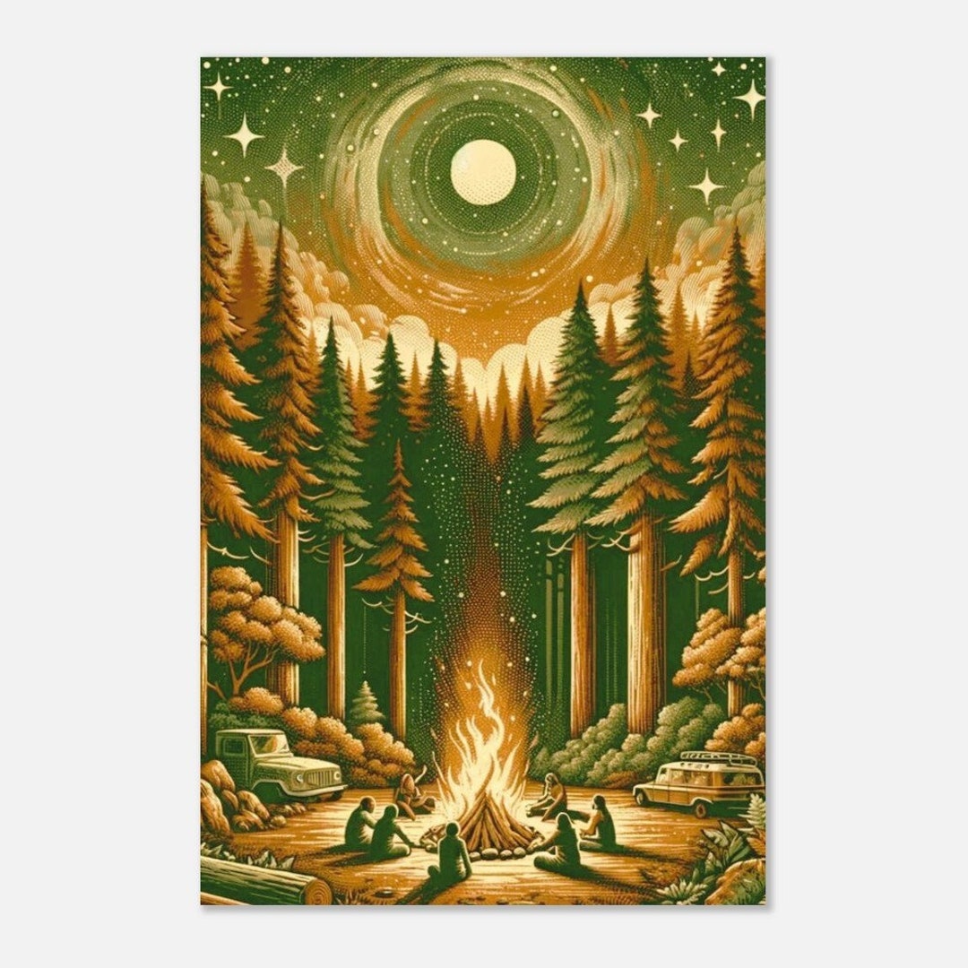 Vintage Campfire Forest Art Print - 12x16 Inch Linen Canvas With Wooden Hanger, Home Decor Poster