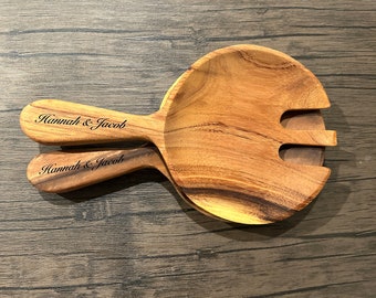 Personalized Acacia Wood Salad Servers: Laser-Engraved Serving Set