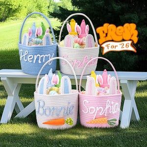 Personalized Easter Basket with Name – Custom Bunny & Carrot Rope Basket for Kids, Baby’s First Easter Gift, Easter Egg Hunt Basket