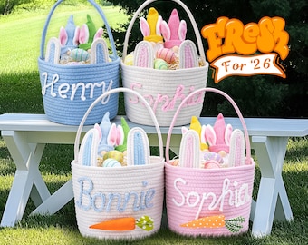 Personalized Easter Basket with Name – Custom Bunny & Carrot Rope Basket for Kids, Baby’s First Easter Gift, Easter Egg Hunt Basket