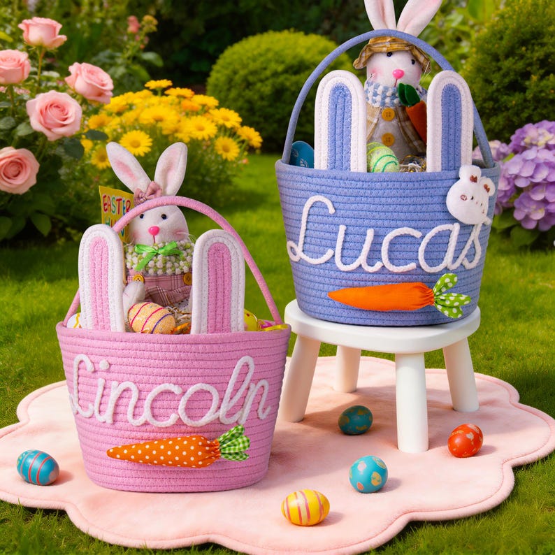 Crochet Personalized Easter Basket 2026 with Name - Custom Easter Egg Hunt Gift for Kids, Baby's First Keepsake & Spring Decor Basket image 9