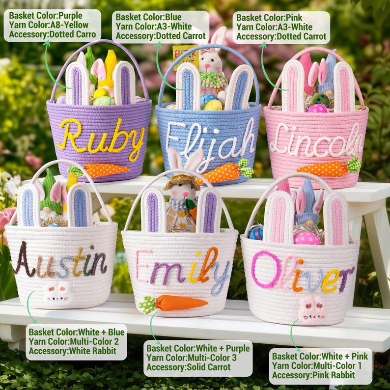 Crochet Personalized Easter Basket 2026 with Name - Custom Easter Egg Hunt Gift for Kids, Baby's First Keepsake & Spring Decor Basket image 2