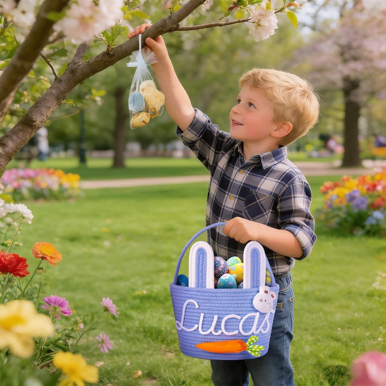 Crochet Personalized Easter Basket 2026 with Name - Custom Easter Egg Hunt Gift for Kids, Baby's First Keepsake & Spring Decor Basket image 17