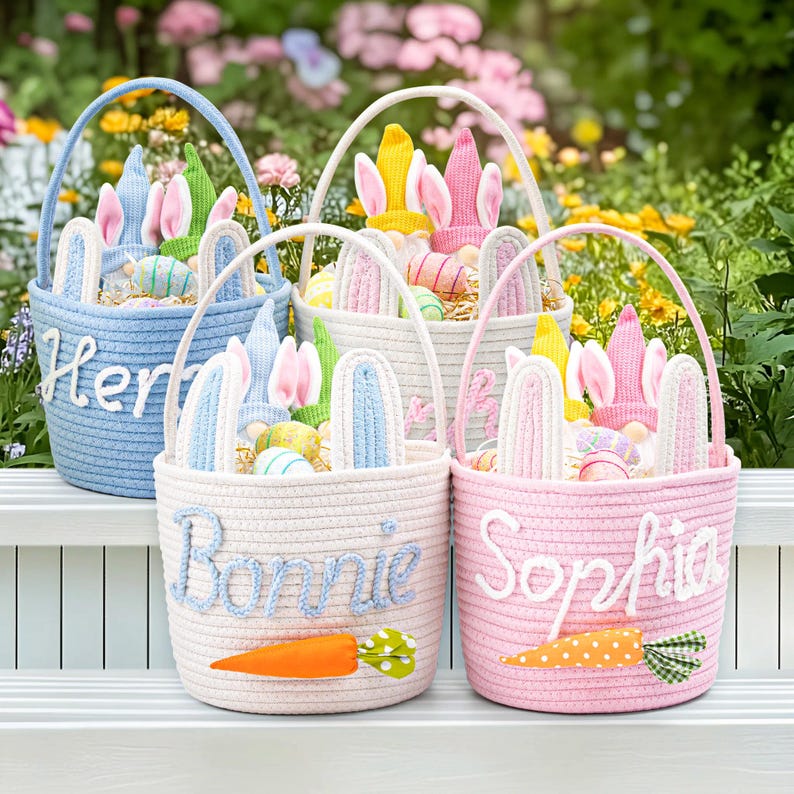 May include: Three pastel-colored Easter baskets with bunny ears and carrot accents. The baskets are made of rope and have the names "Herbie", "Bonnie", and "Sophia" embroidered on them.