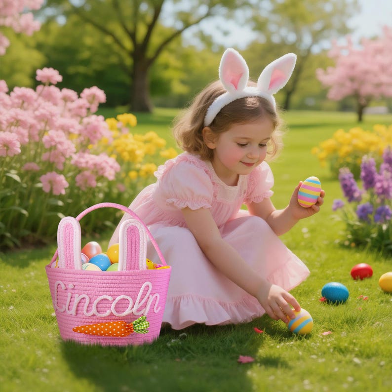 Crochet Personalized Easter Basket 2026 with Name - Custom Easter Egg Hunt Gift for Kids, Baby's First Keepsake & Spring Decor Basket image 15