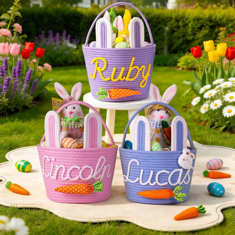 Crochet Personalized Easter Basket 2026 with Name - Custom Easter Egg Hunt Gift for Kids, Baby's First Keepsake & Spring Decor Basket image 8