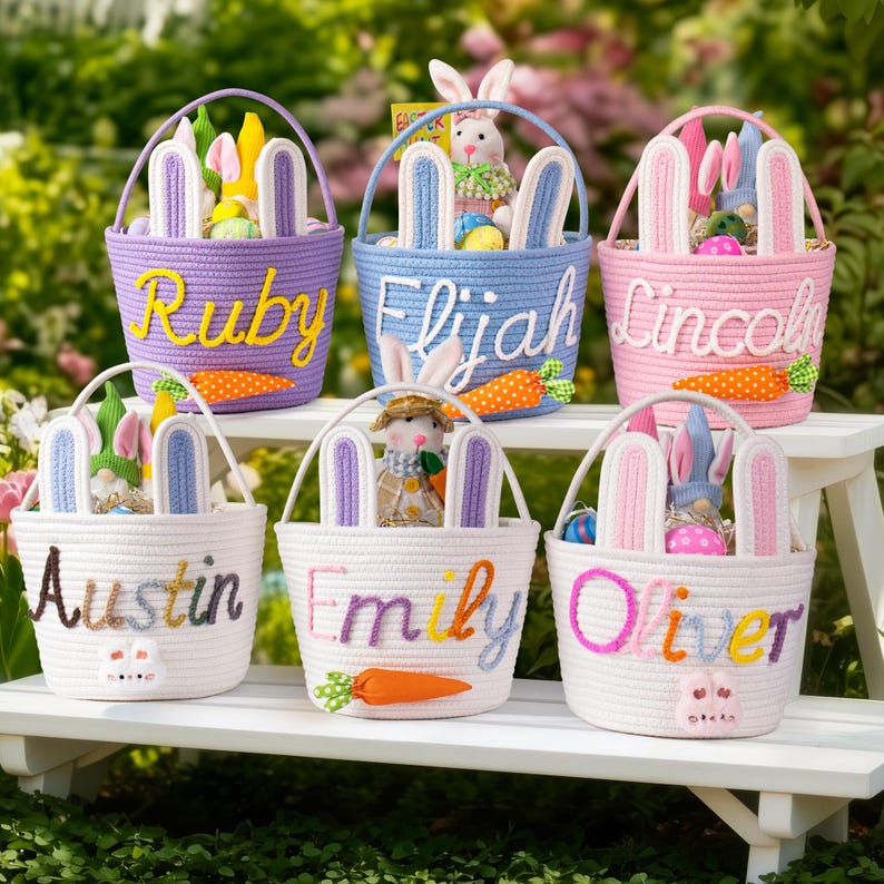 Crochet Personalized Easter Basket 2026 with Name - Custom Easter Egg Hunt Gift for Kids, Baby's First Keepsake & Spring Decor Basket image 1