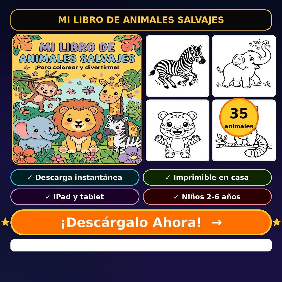 Libro Para Colorear Animales Salvajes, 35 Paginas PDF, Imprimible Y ...