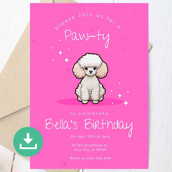 Dog Birthday Invitation dog poodle birthday poodle Birthday Invite poodle dog Invitation Editable Invitation INSTANT DOWNLOAD canva