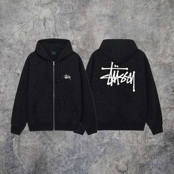 Sweat à capuche zippé avec logo Stussy, premium haute qualité, couleur coton épais