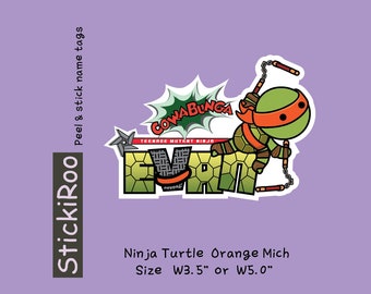 Cute Daycare Labels - Cute Dishwasher Safe Labels - Cute Waterproof Labels - Cute Kids Name Labels - Name Tag - Ninja Turtles -  Orange Mich