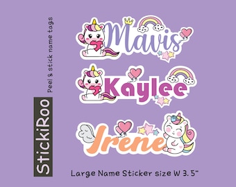 Gepersonaliseerde naamstickers eenhoorn – waterdichte kinderdagverblijflabels (3,5")