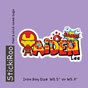 Autocollants mignons de garderie - Autocollants mignons de nom de super-héros - Autocollant imperméable mignon - Autocollant mignon de nom d'enfant - Porte-nom - Autocollant héros Iron Boy