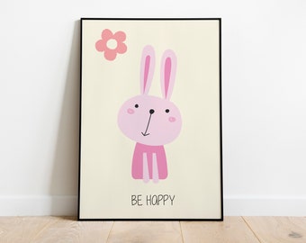 Be Happy illustration Poster, Baby nursery decor. Rabbit Nursery Print, Wall Art, Trendy Wall Art, Kid's, Baby Wall Art, Printable Home Deco